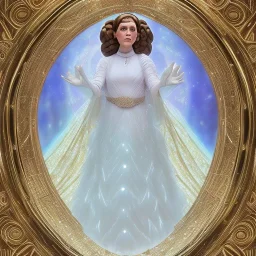 hyperspace background, complete and photo realistic detailed head to waist stunning photo realistic portrait of carrie fisher as Princess Leia in star wars with photo realistic hairstyle by Mandy Jurgens and mucha and Richard Schmid and chuck close and chie yoshii, extraordinary and detailed ceremony dress of star wars,brown eyes