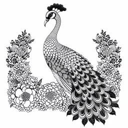 white, A peacock and rose, line art, white background, outline, with images neatly contained within the background, just black and white color, full body, no color. Front view. Aest4tic