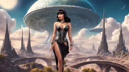 Photorealistic, full Body Photo Of An Exotic Sci-Fi Pin-Up Girl, With dark Hair with Bangs, on an alien Planet With Cloud Trees, Tall Spires, Buildings, Bridges, Arches