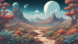 comic style, highly detailed ,gorgeous otherworldly landscape, otherworldly plants