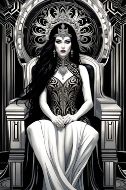 detailed beautiful goddess Hel with long black hair, pale white skin, detailed eyes, sitting on the throne of Helheim, inquisitive spirit | inspiration | dark colors, intricate detailing, surrealism, fractal hair, enigmatic villainess smile, dressed in complex chaotic fractal leather, artificial nightmares style, reflective eyes, detailed eyes, detailed art deco ornamentation, Cinematic lighting, Volumetric lighting,Photorealism, Bokeh blur, Very high detail, Sony Alpha α7, IS1900