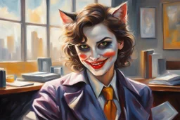 kitten brunette woman secret agent joker in an office in sunshine, very detailed, oil painting