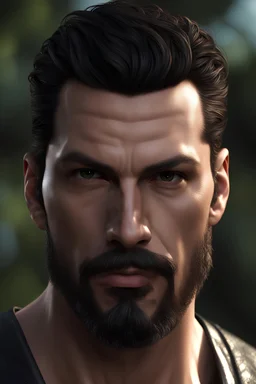 Portrait of a 35 year old Olive skinned muscular very handsome male with dark hair and a goatee beard, photorealisic, 4k, fantasy