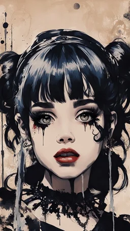 Poster in two gradually, a one side malevolent goth vampire girl face and other side the Singer Melanie Martinez face, full body, painting by Yoji Shinkawa, darkblue and sepia tones,