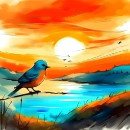 A stunning postcard drawn with a brush and in which kolorowe indyki gęśyou see a little bird that escapes and flies to freedom, to the distant and longing horizon that awaits it, brushstrokes gołębie