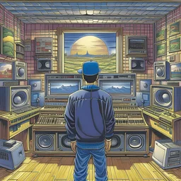 COVER ART, MUSIC, 90S, VINTAGE, NOSTALGIA, MUSIC PRODUCER, BACK, FACING AWAY, HUGE ROOM FAR AWAY