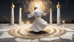 Hyper Realistic Sufi Whirling on stone floor with white & Golden Islamic Sufi Rustic Grungy Background outside white marble Islamic monument at dark night with stars on sky