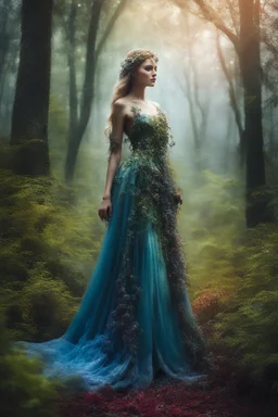 Close Up Photography Realistic Cinematic colors, beautiful forest woman, photography art style, full body view, a mystical forest, At the center of the photography beautiful Nature Woman, a striking figure of ethereal beauty, The beautiful woman is adorned in a gown made of living flowers and leaves, The gown shimmers with a soft, iridescent glow