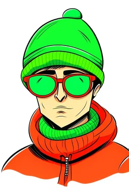 A yung caucasian shaved man with huge black sun glasses wearing a green winter hat, and a red t-shirt. Cartoon style.