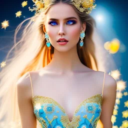 only one full-length body shot beautiful smiling girl, beautiful mouth, fashion show model, delicate fine traits, with long blond hair,big eyes, light blue lace long dress, light blue sky background, blue butterflies,golden stars, blue pond foreground,delicate jewelry, small pink flowers in the hair,body shot