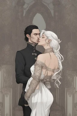 Strahd Von Zarovich being kissed onthe neck by a beautiful woman with white hair, wearing an off the shoulder dress. Settling and background are a lavish toomb with an ebony coffin.