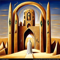 a gothic_arab gate:: Ancient stone temple with engraved runes:: by artist "Leonora Carrington", by artist "Tarsila do Amaral":: Cinematic lighting with shadows emphasizing the character's determination:: eye_level perspective::