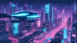 A futuristic cityscape at night with neon lights and flying cars.