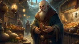 Fantasy digital illustration: strange-looking old merchant, from the 17th century on the path toward a market