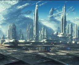 Spaceport on a heavy industrialized planet with a futuristic city in the background and a docked spaceship in the foreground, art by John Berkey, buildings with glass facades, Brutalist architecture, insanely detailed, vibrant, 8k uhd, cinematic atmosphere, ultra-wide angle, street level view, brush strokes, blue sky with clouds, sharp focus