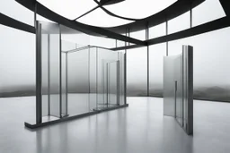 a surreal open glass gate in a glass wall with a view of a desolate landscape, fog, storm, greyscale, strong contrasts, by artist "Leonora Carrington",by artist "Zaha Hadid""