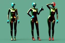 Dark green to cyan metal surfaces body paint. partl coverage metallic. Girls with slim body and big butts. Russian military women. Old-fashioned cameras integrated to heads. structure Cyber-punk. Attached telephones. Dystopia, melted eyes. Red&blue 3D-tiling. Dystopia. Partly symmetrical in relation to machines. Perfect golden ratio in vertical and horizontal directions. Bending time-space-continuum. Polyhedron in 5th dimension Tessellation in 4-dimensional space spinal Perspective skin tumors