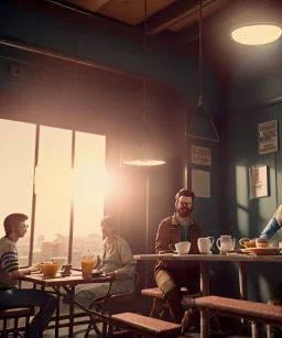 Realistic scene, American shot view, 0 gravity, levitating man and woman sitting in cafeteria and having breakfast, Wes Anderson, fly, floating, soft color, highly detailed, unreal engine 5, ray tracing, RTX, lumen lighting, ultra detail, volumetric lighting, 3d, finely drawn, high definition, high resolution.