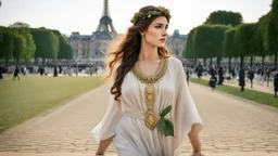[an alluring 30 years old woman] goddess Aphrodite is a living being in flesh, she walks in linen tunic in the vibrant city of Paris, il the Tuileries, in front of Le Louvre, with olive green laurels leafs in her hear, she is lost and sad