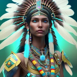 pueblo Indian, 12k, ultra high definition, finely tuned detail, unreal engine 5, octane render, ultra-realistic face, realistic headdress, detailed make-up, zia, detailed turquoise jewelry, detailed hair, detailed feathers, full frame shot