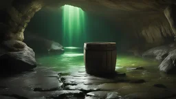 photoreal magnificent green light flooding from a wooden barrel on a dark stone cave floor, otherworldly, in the style of fantasy movies, photorealistic, shot on Hasselblad h6d-400c, zeiss prime lens, bokeh like f/0.8, tilt-shift lens 8k, high detail, smooth render, unreal engine 5, cinema 4d, HDR, dust effect, vivid colors