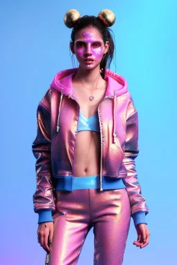 Ultra Realistic image, Rosalía artist, portrait, waist up portrait, long black eye line, sweet face, inflatable hoodie, gold pink and blue style, spray glow make up, rings piercing nose, led ornament, fog, cold, bubble latex coat, vibrant color, highly detailed, art stations, concept art, smooth, unreal engine 5, god rays, ray tracing, RTX, lumen lighting, ultra detail, volumetric lighting, 3d, finely drawn, high definition, high resolution.