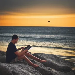 A 22 year old boy reading a book at beach just before sunset sitting on a rock . Draw a little dark fantasy theme image