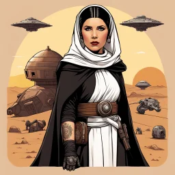 Princess Leia as a tattooed gangsta nun in her iconic Tatooine outfit, her Jawa friend is on her side, they are fierce and ready to fight