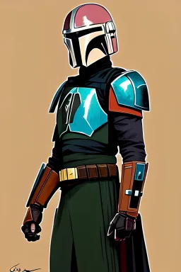 Highly detailed portrait of a mandalorian bounty hunter, Atey Ghailan, by Loish, by Bryan Lee O'Malley, by Cliff Chiang, by Greg Rutkowski, inspired by image comics, inspired by graphic novel cover art, inspired by nier!! wooden farm color scheme ((farm background)), trending on artstation