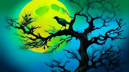 A bird with green and blue plumage perches on a gnarled tree branch against a vibrant yellow moon and a deep blue and green gradient sky. The tree's bare branches create a silhouette against the luminous moon, with dark, shadowy trees in the background. The overall mood is mystical and nocturnal.