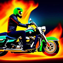 ultra detailed fullbody portrait of Ghost Rider Riding His Fire Motorcycle , extremely detailed digital painting, intrincate, extremely detailed smiling face,crystal clear Big Green eyes, in the style of Frank Frazzetta , mystical colors , perfectly centered image, perfect composition, rim light, beautiful lighting,8k, stunning scene, raytracing