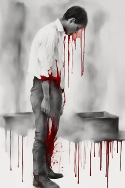 Abstract art: A lonely young man with blood next to him. There is no light and there is no way out