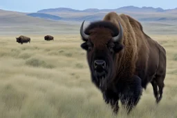 Bison walking towards viewer's left, prairie grasses in foreground, background fades out to white