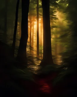 bosque en primera persona, muy arbolado de plantas frondosas, con una atmósfera mágica, mística y relajante, con una paleta de colores cálidos de baja saturación y valores medio bajos, contraste alto y luz leve con un rayo de sol