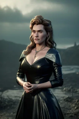 Kate Winslet as evil queen in black leather gown, cleavage, angry, stern look, unreal 5, octane render,cinema4d, dynamic lighting, dramatic lighting, 4k, redshift render, highly detailed, hyper realistic