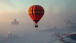 Hot-air balloon, steampunk style, landscape, dark fantasy, ice land, with fog, ancient weird city in background, high detalied, sharp phocus, masterpeace, professional photo, surreal weird mood