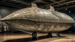 A gray military airship with tank planes designed in ancient Roman mosaics painted by Paul Klee