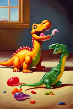 Toy Tantrum with Treats"? In this still life painting, a small plastic dinosaur is facing off with a gummy worm, both looking rather stern. The dinosaur has its tiny arms crossed in defiance, while the gummy worm seems to be attempting to reason with it. Meanwhile, a lone marshmallow sits nearby, looking bewildered by the whole situation. It's a humorous take on the clash between toys and sweets, with a touch of dry wit.