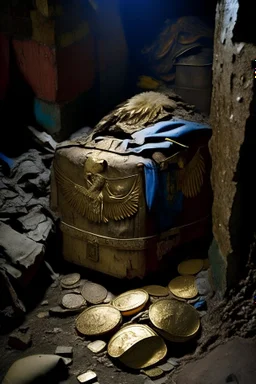 in a LARGE BASEMENT, half-buried in the earth, an ancient, worn-out, worn-out, torn-side valise peeks out, from which gold coins from the time of Catherine the Great fall out. The ancient coat of arms of Russia, the double-headed eagle, is BARELY VISIBLE on the bag. There are a lot of broken bricks and earth around the bag. All in high quality 8K