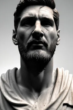 Ultra Realistic image, roman sculpture, luxury white marble material, Lionel Messi, leaves Laurel crown, miguel angel style, chisel style, soccer jersey, waist up portrait, epic, celestial, cinematic lighting, God light, god rays, 4k resolution, smooth details, ornate details, soft lighting, unreal engine 5, sky background.