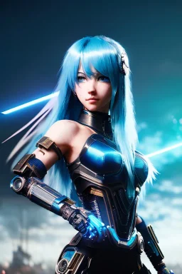 Cyborg anime warrior, light blue hair, short and messy hairstyle, blue eyes, waist up portrait, 4k resolution, intricate details, ornate details, soft lighting, vibrant colors, retroanime, masterpiece, intricate eyeliner, dark eyeshadow, eyes, intricate tattoos, futuristic cityscape background