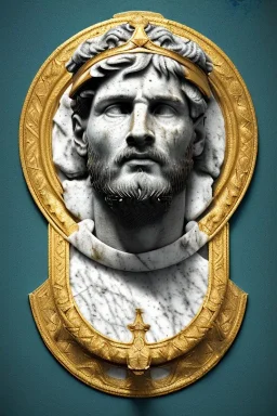 Ultra Realistic image, Roman sculpture, white marble material, Lionel Messi, gold Laurel leaves wreath, renaissance ornaments, radial gold lines, one gold star in heart, gold sun ornament back, blue background, chisel style, waist up portrait, emperor style, epic, celestial, cinematic lighting, God light, god rays, 4k resolution, smooth details, ornate details, soft lighting, unreal engine 5, art station, substance 3d.