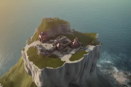 house on top of a cliff shot from high birdeye view with shark sticking out of the side of the house like an impossible fate