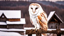 a barn owl sitting an old ruined hut's rooftop and looking to te camera, over a winter landscacpe with european forest , little light, sunrise, high detailed, sharp focuses, photorealistic, perspective, cinematic