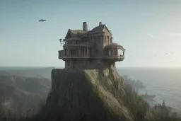 house on top of a cliff shot from high birdeye view with shark sticking out of the side of the house like an impossible fate