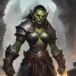 Mor Khazgur a Orc stronghold the leader a strong female orc named Urzikh, in magic the gathering art style