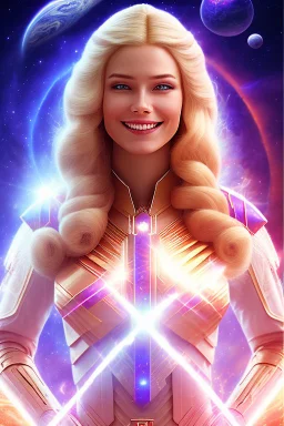 cosmic woman smile, admiral from the future, one fine whole face, crystalline skin, expressive blue eyes,rainbow, smiling lips, very nice smile, costume pleiadian, Beautiful tall woman pleiadian Galactic commander, ship, perfect datailed golden galactic suit, high rank, long blond hair, hand whit five perfect detailed finger, amazing big blue eyes, smilling mouth, high drfinition lips, cosmic happiness, bright colors, blue, pink, gold, jewels, realist, high commander