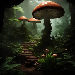 An Image of an terarrium with tropical plants and mushrooms inside, and mist inside