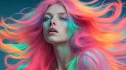 Delirium, florescent colors, long windswept hair,