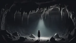 A dark and haunting of a mysterious cave filled with shadows and unknown creatures